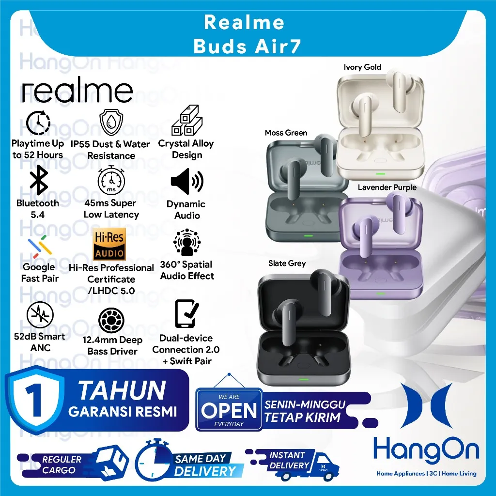 Realme Buds Air7 Hi-Res LHDC 5.0 Wireless Earbuds 45ms Low Latency 52dB Smart Active Noice Cancellation 12.4mm Deep Bass TWS Earbud Waterproof IP55 Dust & Water Resistance Earphone In Ear Bluetooth 5.4 Playtime Up to 52 Hours Playback Air 7 Google Fast Pa
