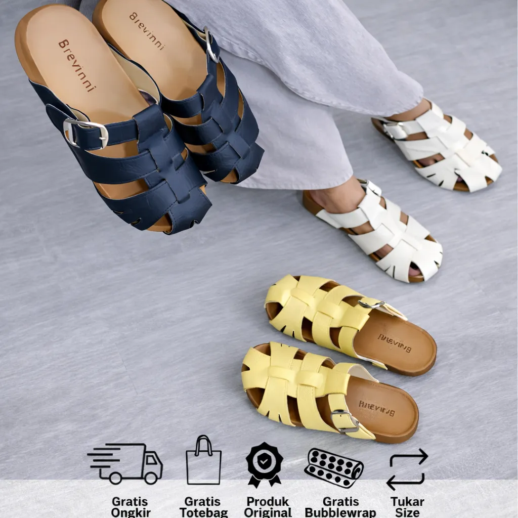 BREVINNI Bianca Slip On Flat Sandals || Sandal Slip On Wanita || Fisherman Sandals || Sandal Jaring Buckle Trendy || Sandal Wanita Kasual