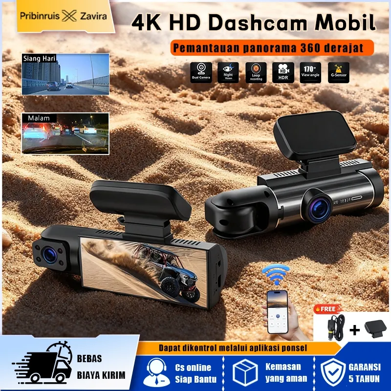 PRIBINRUIS Dashcam Mobil Perekaman layar ganda  Ultra Tinggi 4k 1080P Dash Cam  WiFi +GPS Rekaman loop 24 jam