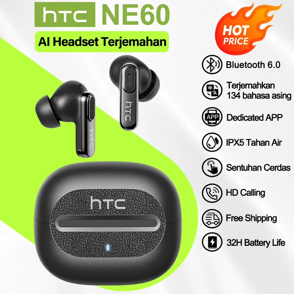 HTC NE60 Earphone Bluetooth Terjemahan AI Wireless Bluetooth V6.0 In-Ear earphone TWS tws sport headset olahraga IPX5 HIFI Terjemahkan 134 bahasa asing
