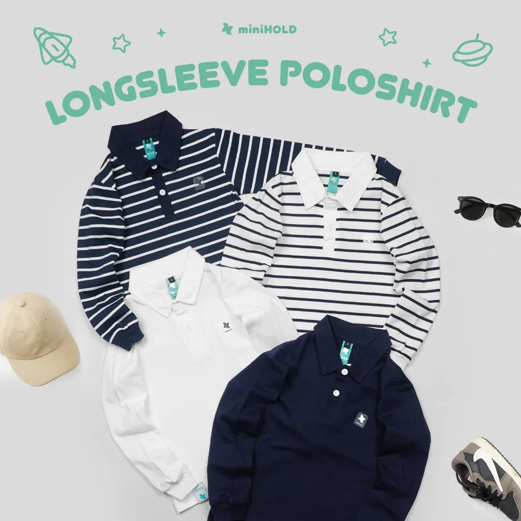MINIHOLD Kaos Kerah Lengan Panjang Salur dan Kemeja Lengan Panjag Polos Cotton Combed 30s Anak usia 1-12 tahun