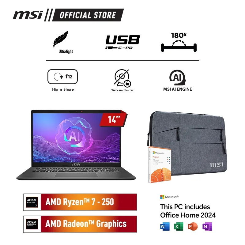 MSI MODERN A14 AI F2HM RYZEN 7-250 8GB 512GB W11+OHS+M365B 14.0FHD IPS