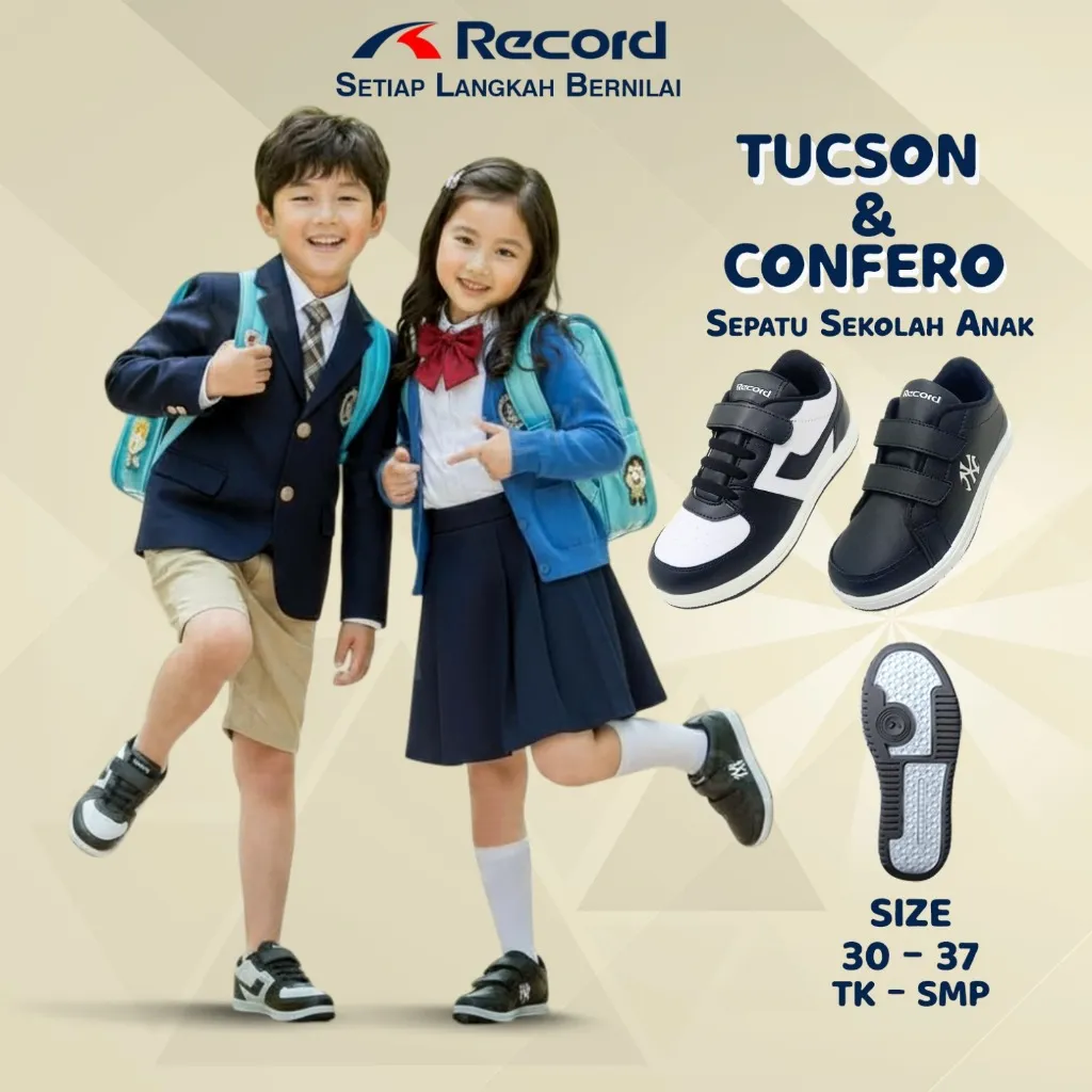 RECORD CONFERO SEPATU SEKOLAH ANAK BONUS KAOS KAKI & ALAT TULIS 4-13TH TK-SMP PEREKAT 30-37 HITAM