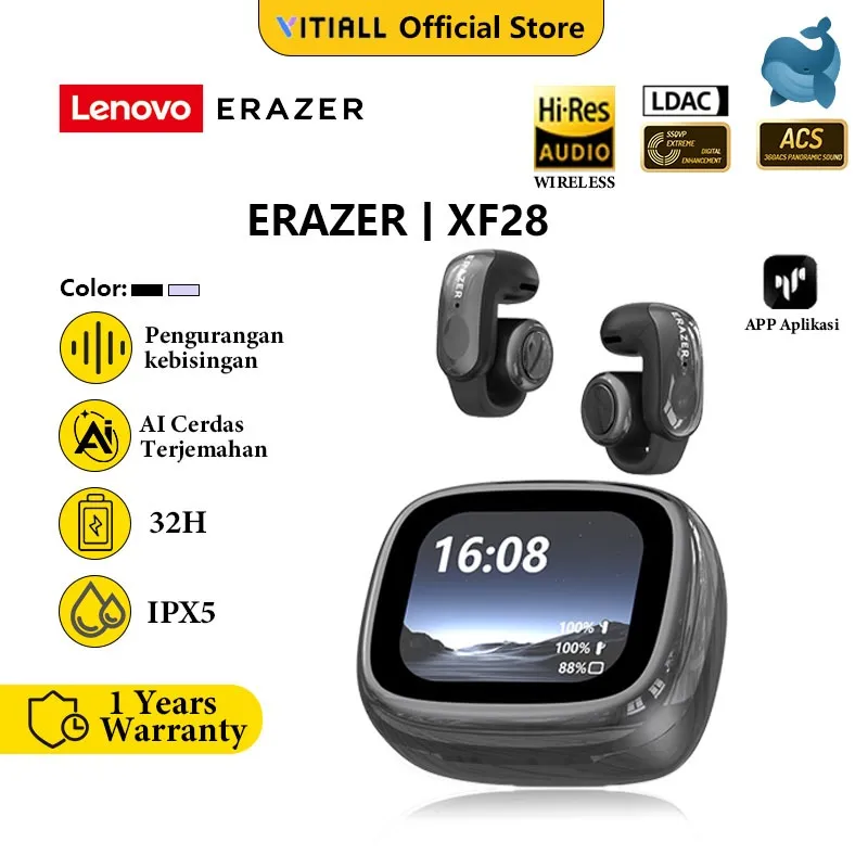 Lenovo ERAZER XF28 Clip-On Wireless Bluetooth 5.4 Headset TWS Bone Conduction Earphone Multifunction Screen Display Open-Ear Low Latency Long Battery Life HiFi Suara Dolby Audio ANC Smart Noise Cancelling IPX5 Waterproof