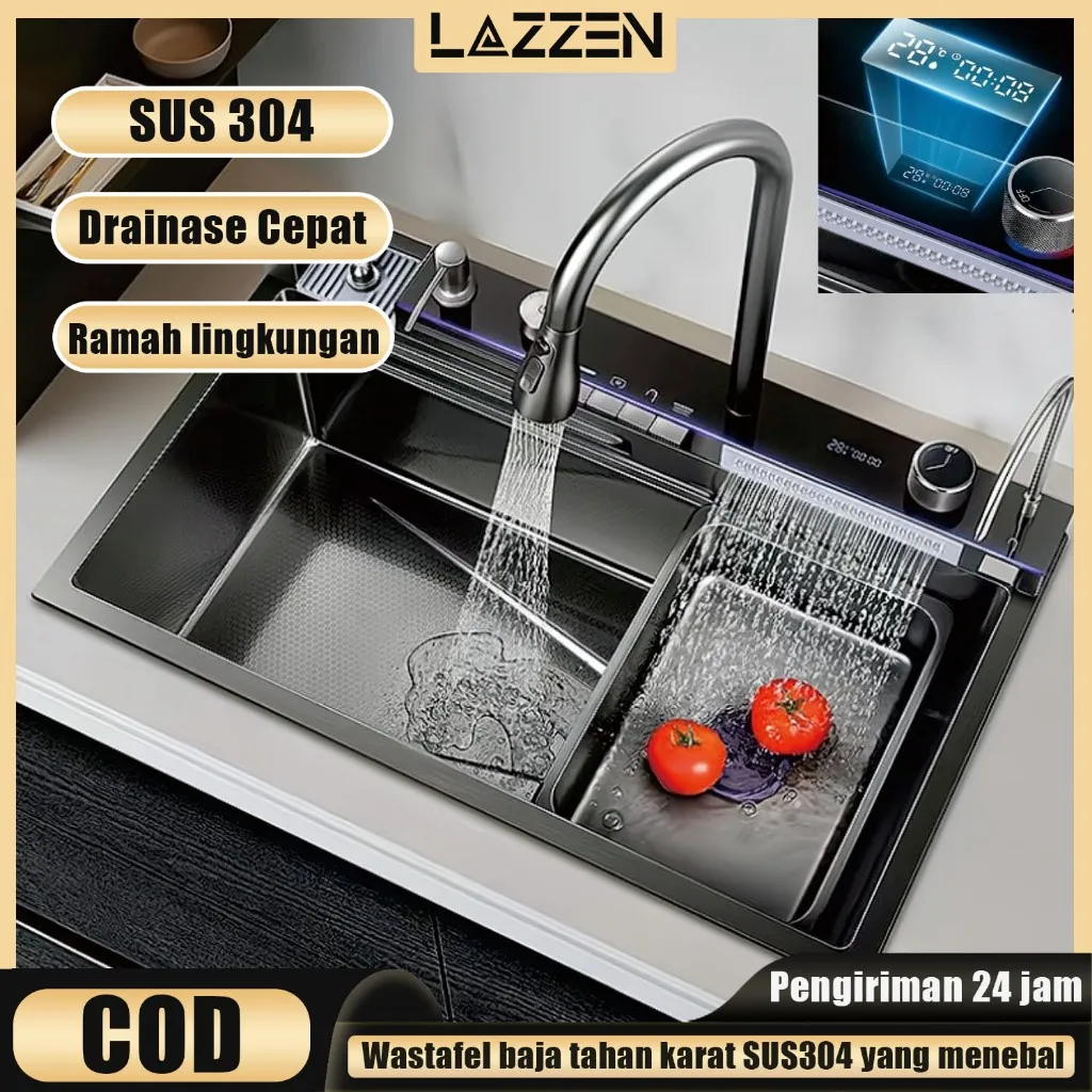 LAZZEN - Wastafel Dapur Stainless Steel Wastafel Dapur Modern READY STOCK Mesin Pencuci Piring Stainless Steel Hitam COD Tebal 3,0mm SUS304