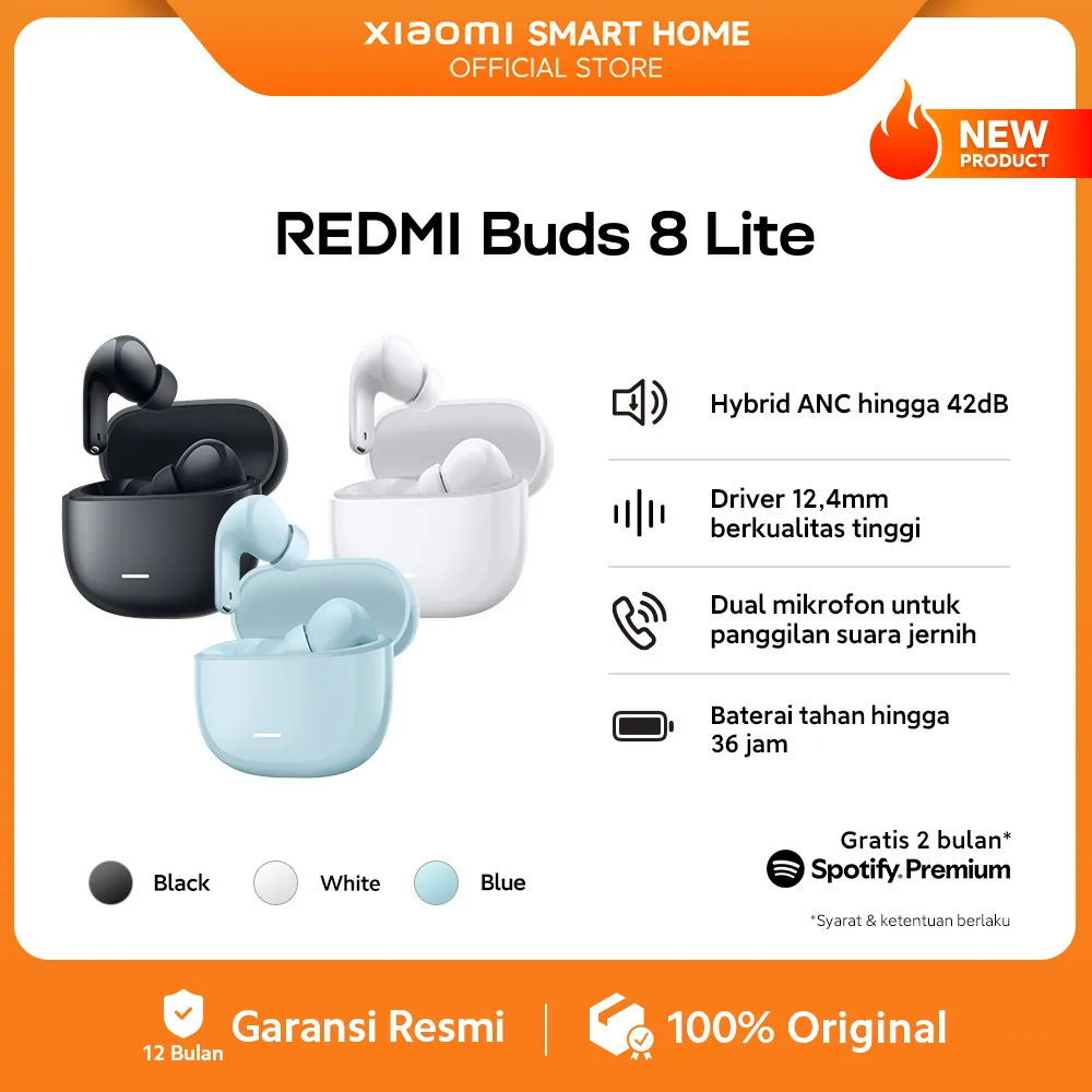 Xiaomi Redmi Buds 8 Lite | Hybrid ANC hingga 42dB | Driver 12,4mm berkualitas tinggi | Dual mikrofon untuk panggilan suara jernih | Baterai tahan hingga 36 jam | Headset Bluetooth [Xiaomi Official Store]