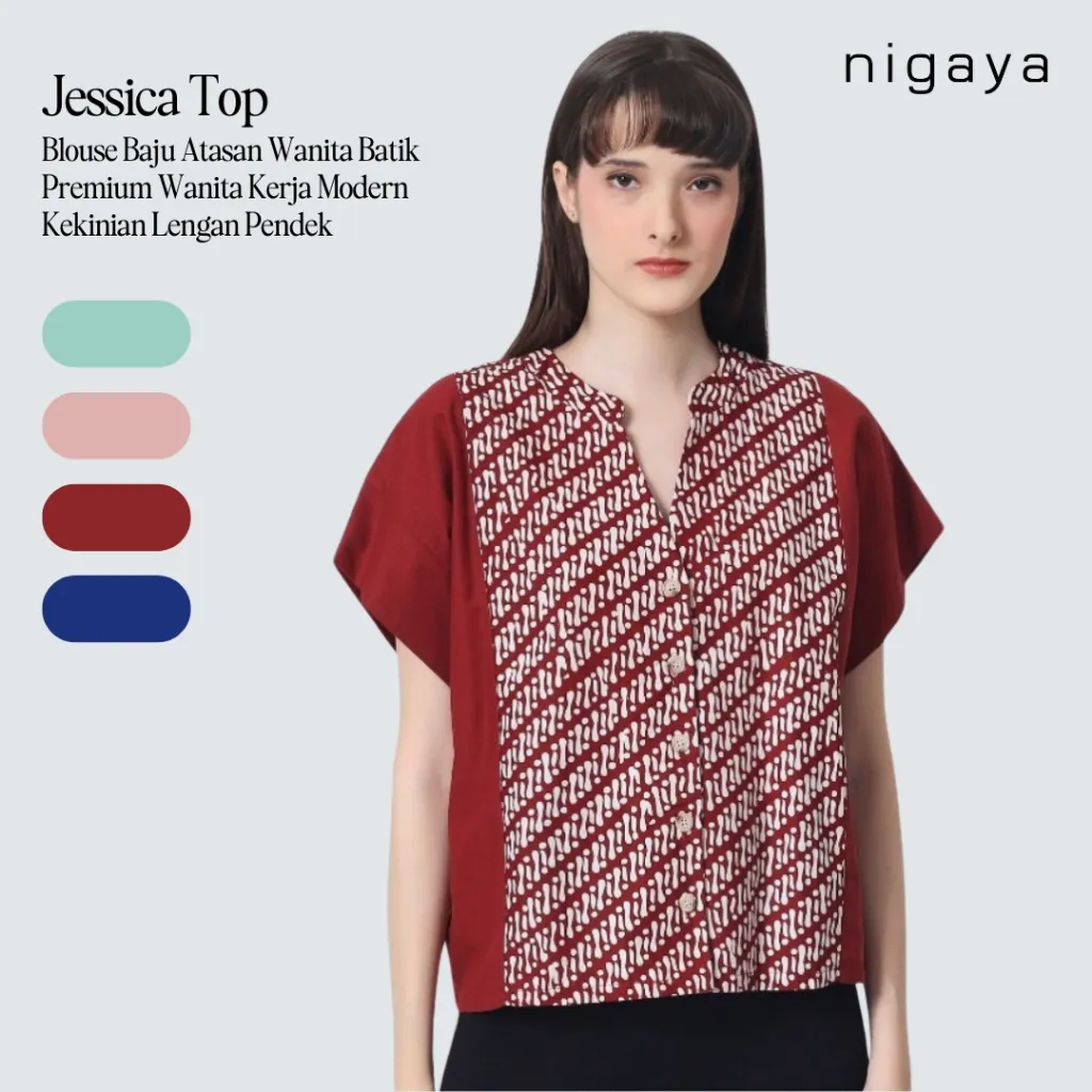 NIGAYA - JESSICA TOP - Blouse Baju Atasan Wanita Batik Premium Wanita Kerja Modern Lengan Pendek