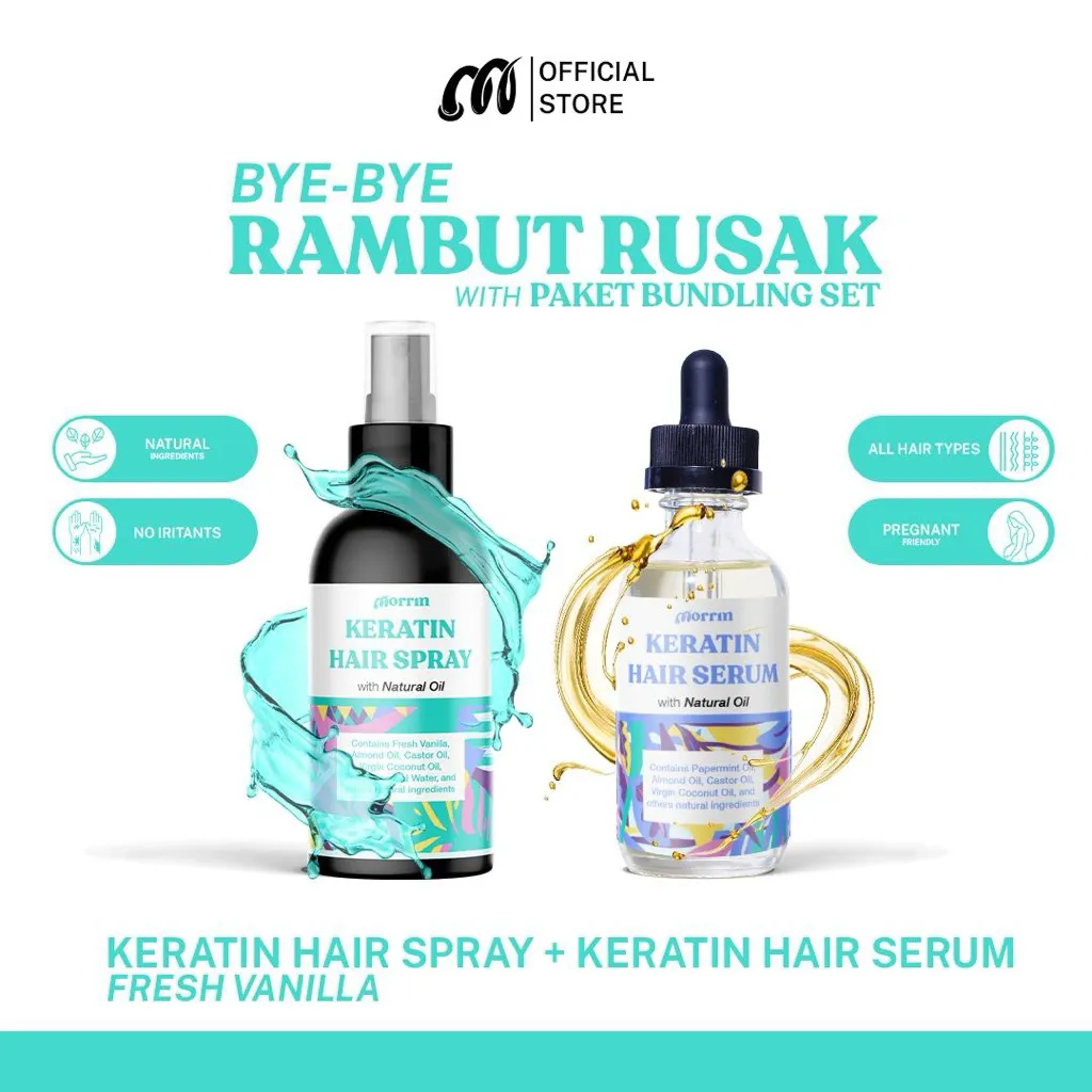 Morrin Perawatan Rambut All in One - Paket Serum + Spray Mist Fresh Vanilla untuk Rambut Berketombe, Melebatkan Rambut, Rambut Kering dan Bercabang, vitamin rambut