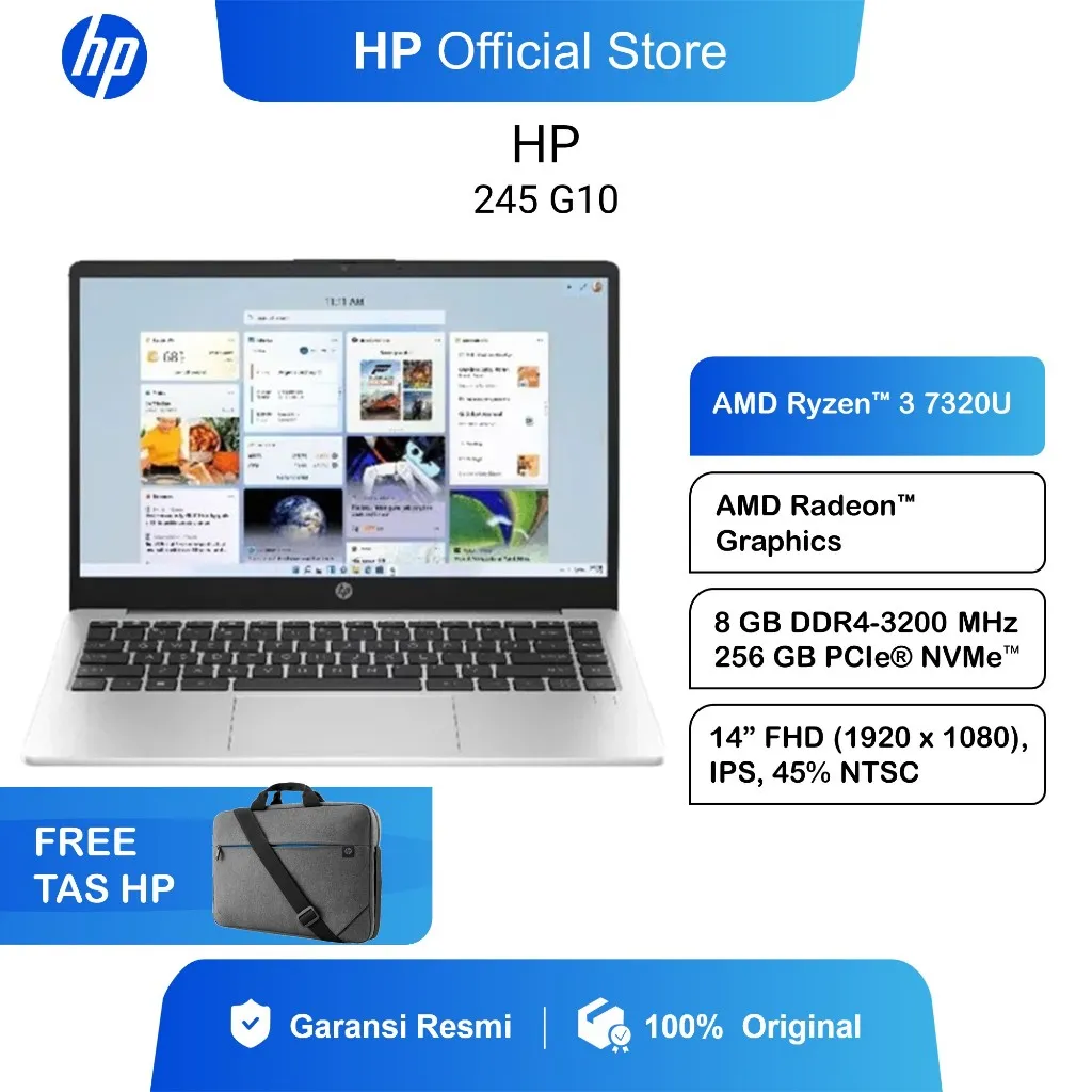 Laptop HP 245 G10 AMD Ryzen 3 7320U Radeon 8GB RAM / 256GB SSD / Windows 11 Home / 14 Inch HD / Garansi 2 Tahun Promo Laptop Termurah