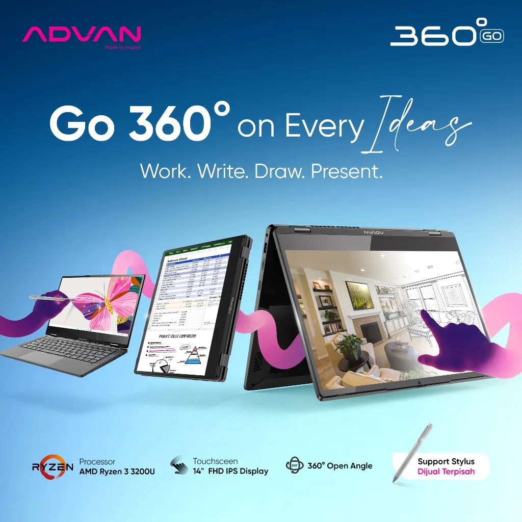 [FREE STYLUS PEN] ADVAN Laptop 2 In 1 360 GO | Touchscreen | 14 Inch IPS FHD | 4GB/256GB | Windows 11 | Garansi Resmi 1 Tahun