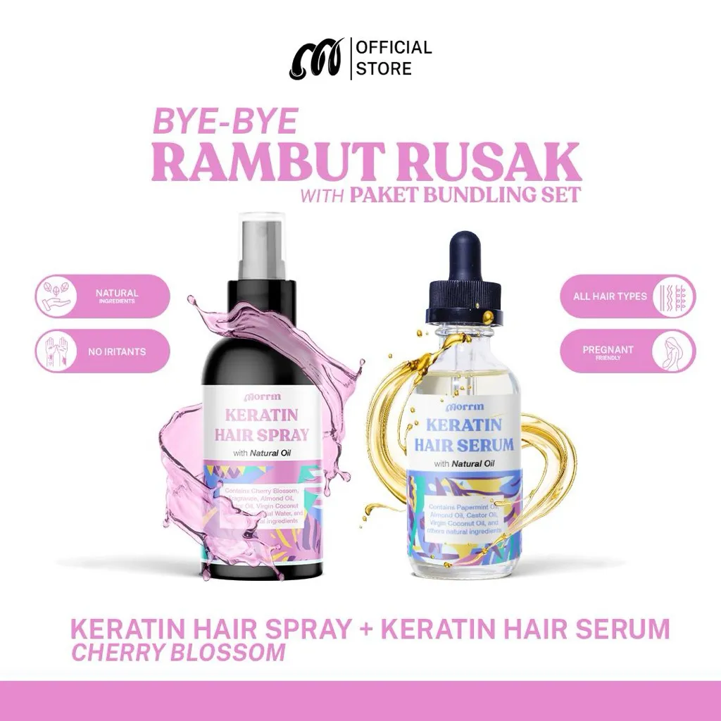 Morrin Perawatan Rambut All in One - Paket Serum + Spray Mist Cherry Blossom untuk Rambut Berketombe, Melebatkan Rambut, Rambut Kering dan Bercabang, vitamin rambut