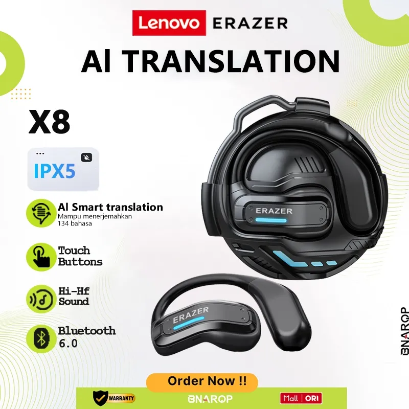BNARQP x Lenovo ERAZER X8 True Wireless Bluetooth Headset V5.4 OWS TWS Open ear Earphone Headphone AI Smart Translation Transformers earzae handsfree