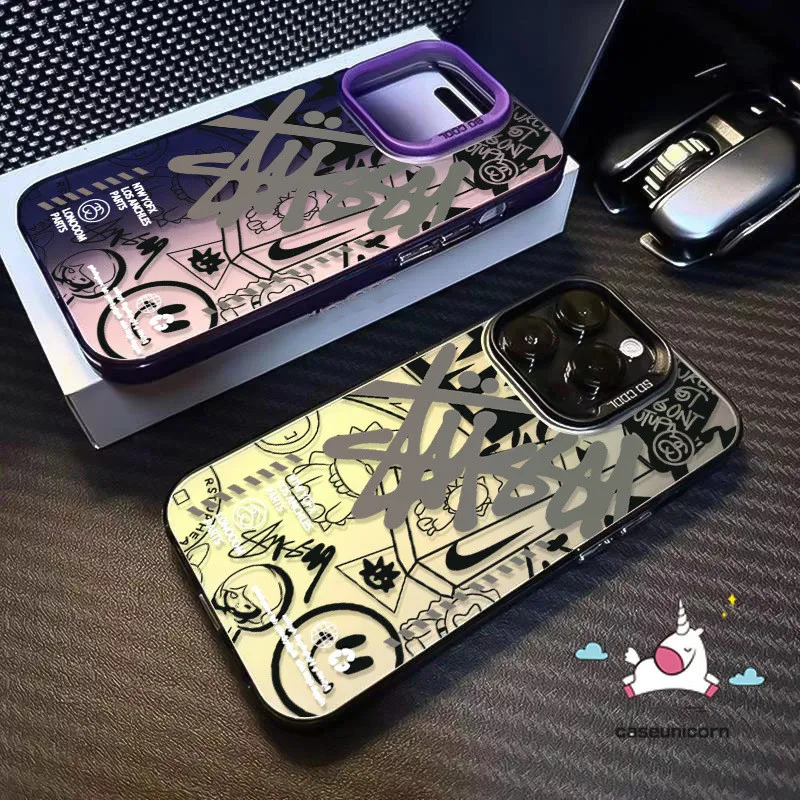 Kotak Lensa Logam Mewah untuk Redmi 9C 10 10A 12 12C 13 13C casing untuk case hp Redmi Note 9 10 11 12 13 PRO estetik keras berpermukaan kasar untuk Poco M5S M6 X5PRO C55 C65 Tren Merek Keren Senyum Doodle Kartun Bahasa Inggris case