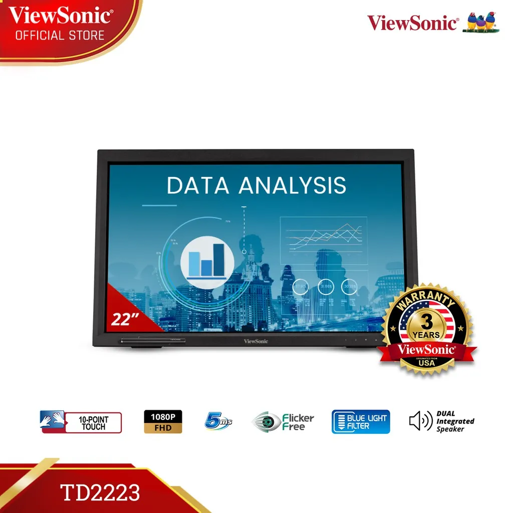 ViewSonic 22” IR Touch Monitor TD2223 10-Point Touch HDMI-VGA 7H Hardness Windows Linux