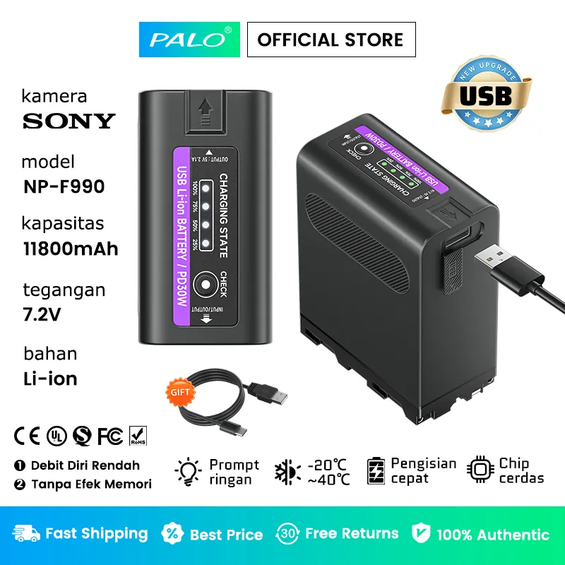 PALO Baterai Kamera 11800MAh NP-F990 NP-F970 F960 F970 dengan Indikator Daya LED untuk Model Kamera Sony F960 F550 F570 F750 F770 MC1500C 190P