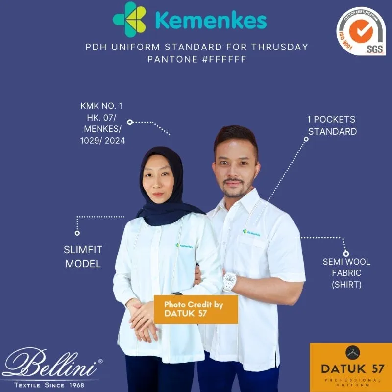 Original Premium by Datuk57 : Seragam Kemeja PDH Kemenkes Kementerian Kesehatan Putih Terbaru 2024 [Pantone #FFFFFF] (PRIA & WANITA)