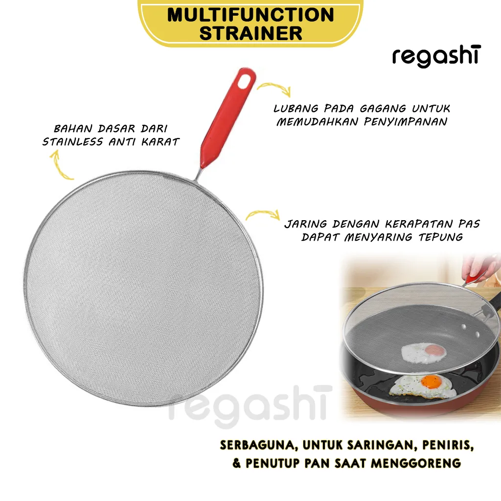 Regashi Multifuction Strainer | Pelindung Cipratan Minyak Berhandle | Peniris Pipih Serbaguna Tutup Panci Pengaman Penggorengan Penutup Percikan Jaring Stainless Ukuran 25 cm 29 cm 33 cm Kitchen Tools Peralatan Masak Rumah Tangga