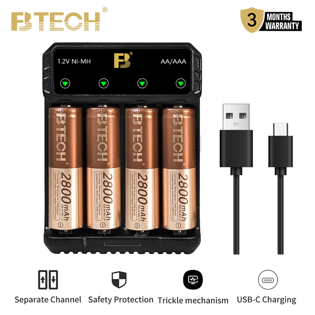 FB BTECH Battery AA 2800 AAA1250 mAh 4 Pack With Smart Charger