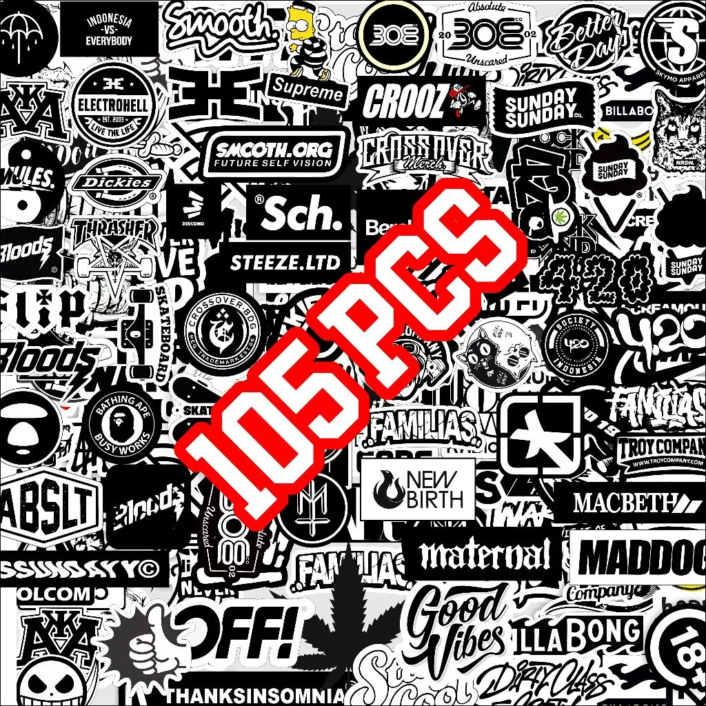 Stiker Brand Distro 105 picis sudah cutting tinggal tempel hitam putih tanti air