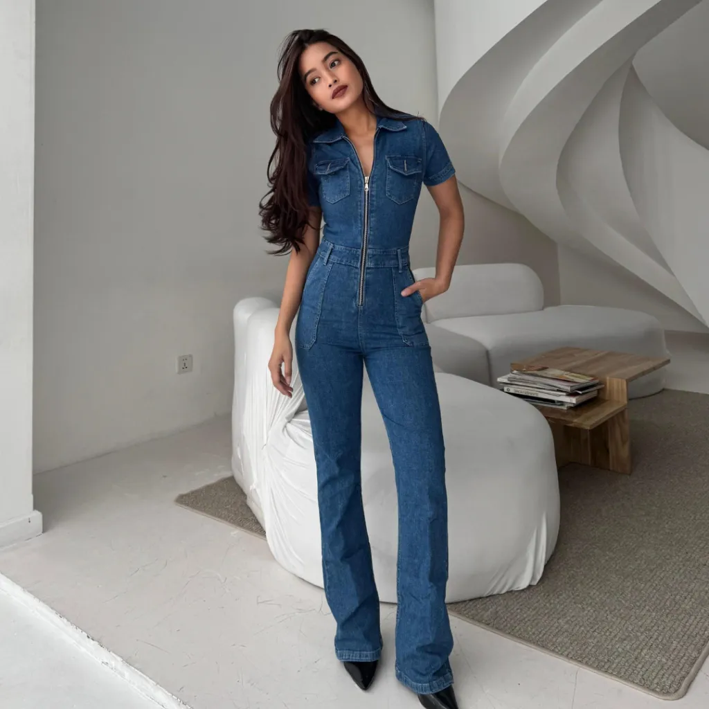 LADOUCE - Helen Denim Jumpsuit Jeans Playsuit Panjang Flare Wanita