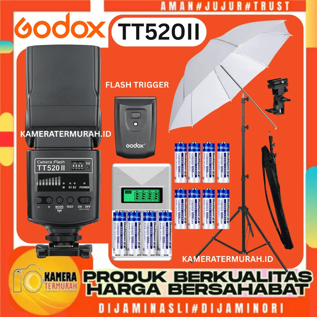 Paket Lampu Studio Flash Godox TT520II TT 520 II + Payung Payung Studio + Light stand