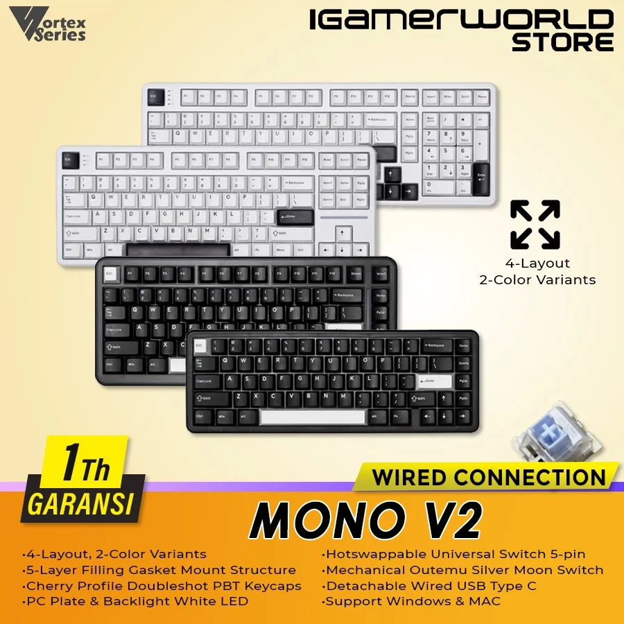 VortexSeries MONO 65 75 87 100 Gasket Mount Hotswap Universal Wired Gaming Keyboard
