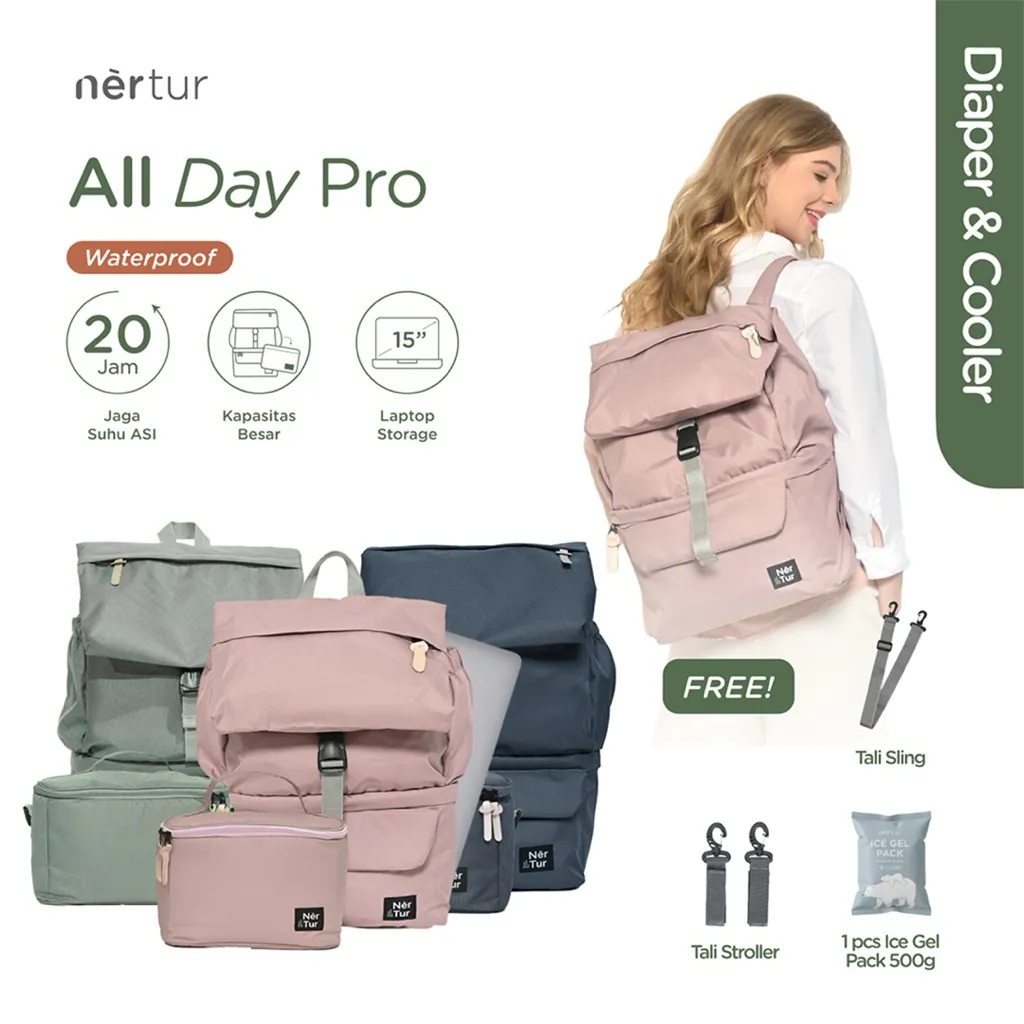 NERTUR Tas Perlengkapan Bayi Diaper & Cooler Bag All Day Pro 28L Waterproof Fit Laptop 15"