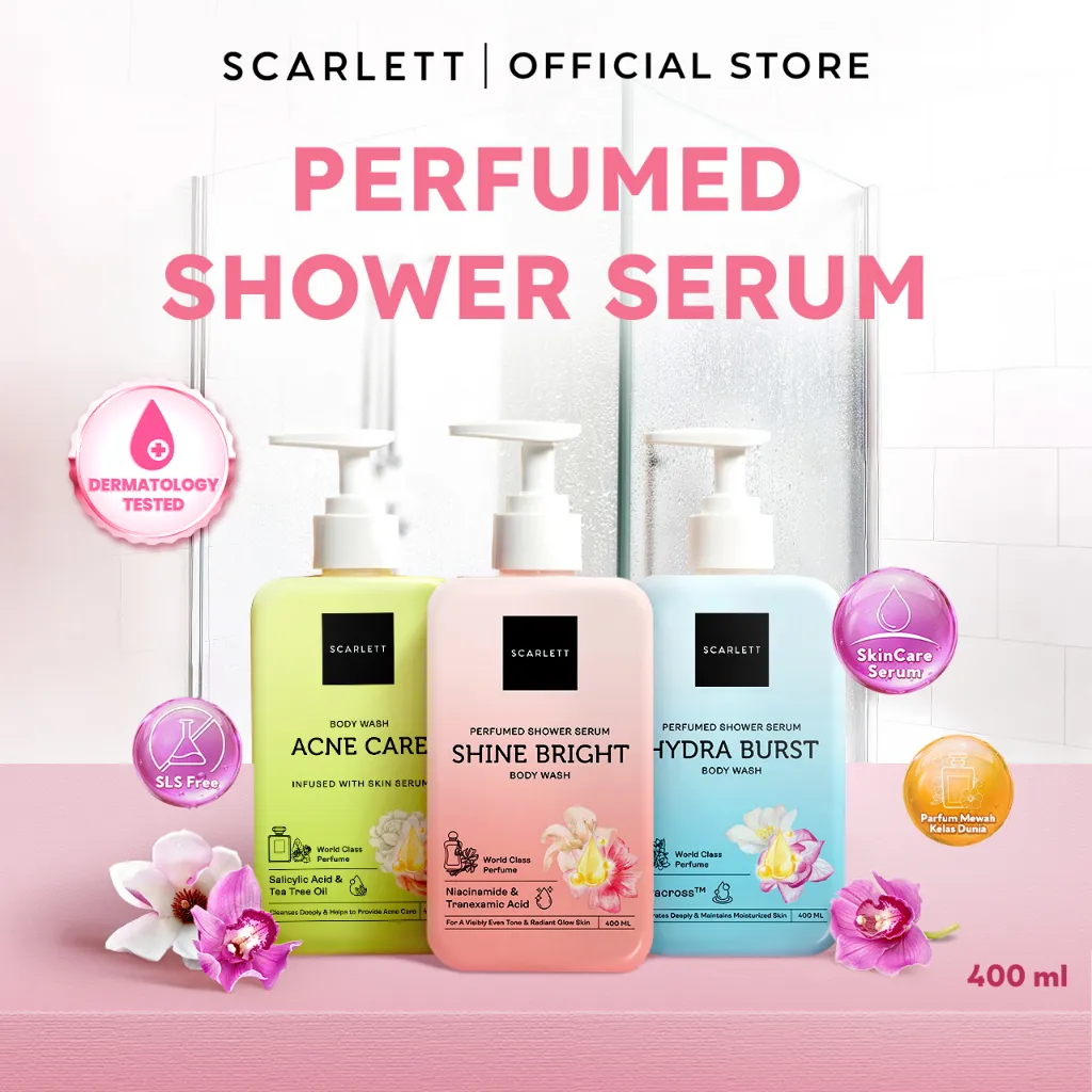 SCARLETT Perfumed Shower Serum 400ml - Brightening, Hydrating, Acne Care | Sabun Mandi Cair untuk Mencerahkan, Melembabkan, Merawat Kulit Berjerawat Jerawat Punggung | Shower Gel Wangi Parfum Mewah Kelas Dunia