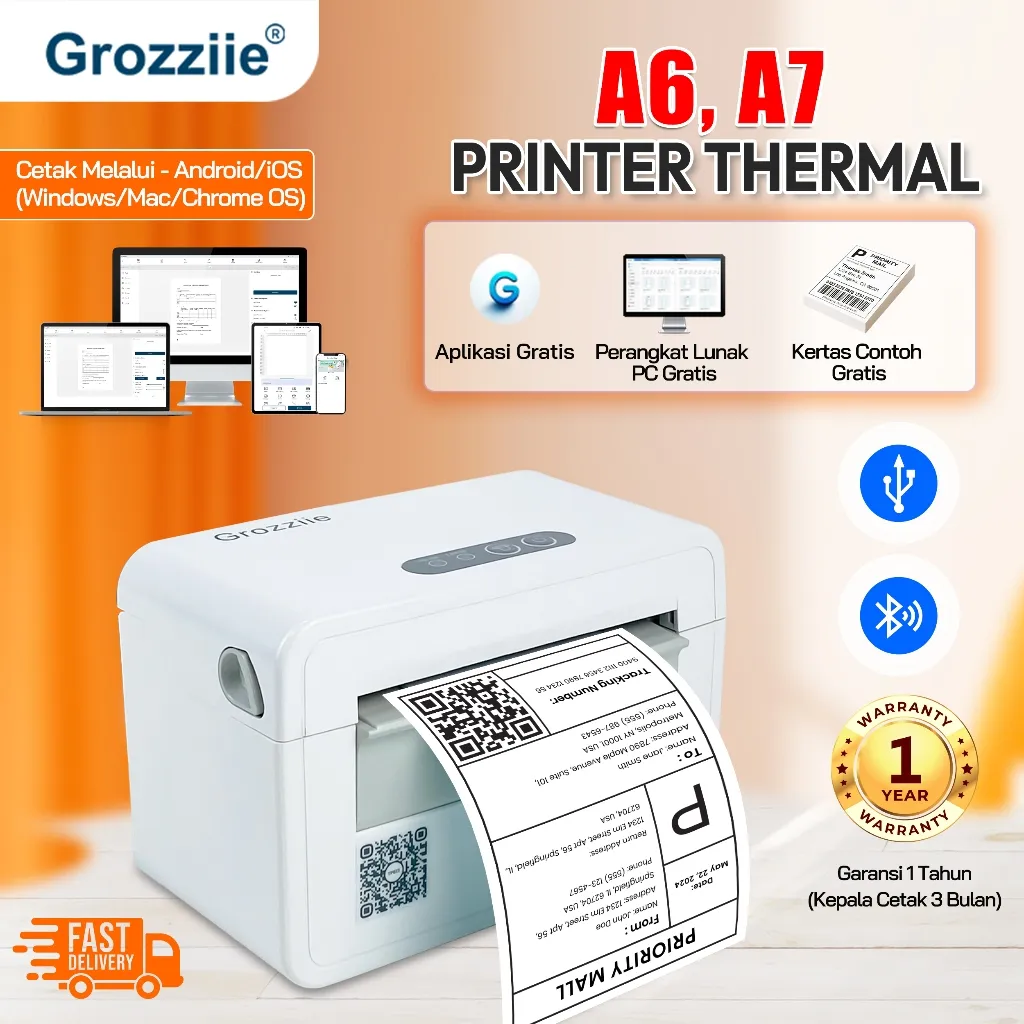 GROZZIIE Printer Thermal Label & Resi | USB + Bluetooth | Cepat, Praktis & Mudah Digunakan