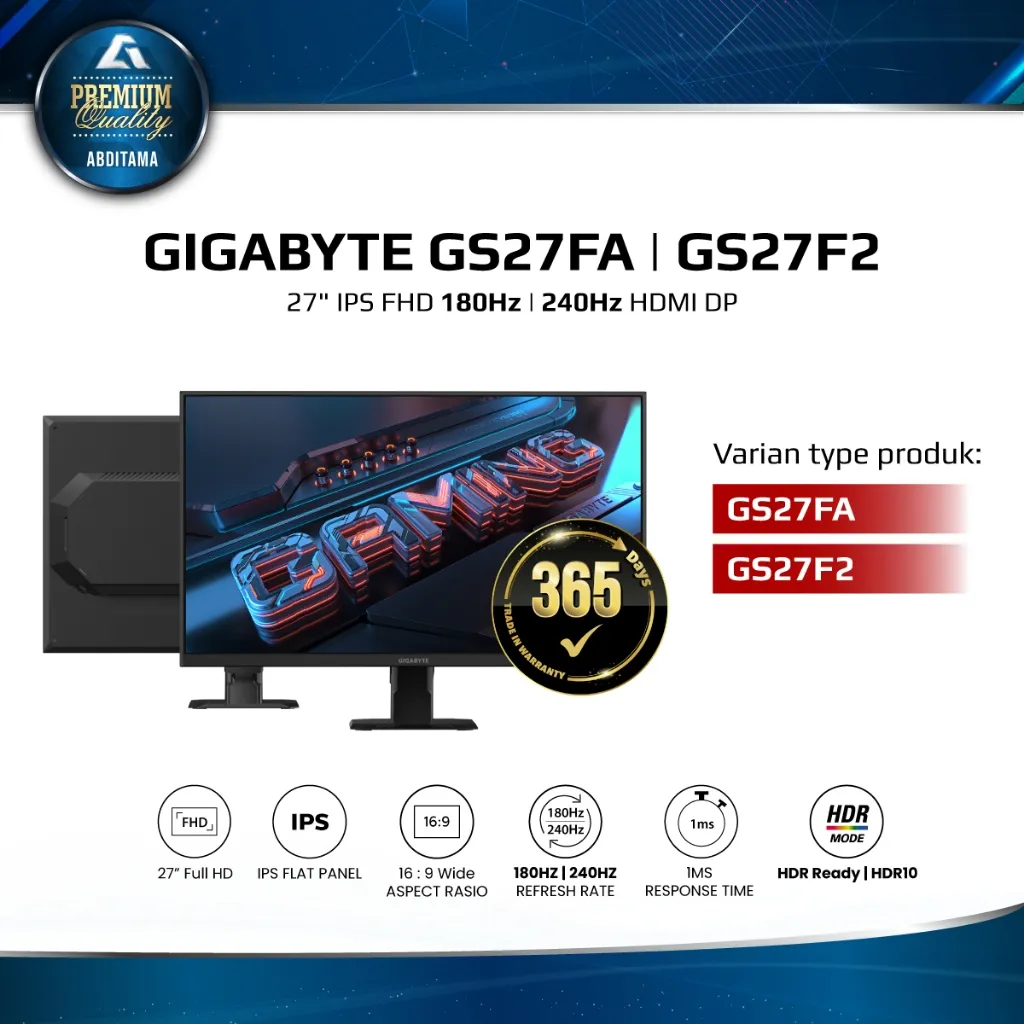 Monitor LED Gigabyte GS27FA 180Hz | GS27F2 240Hz 27" IPS FHD 1ms HDR10 110% sRGB HDMI 2.0x2 DP 1.4x1 VESA 100x100mm the Last Mile for your Gaming System Support Adaptive-Sync Technology Flicker-Free Low Blue Light, ultimate specifications and quality