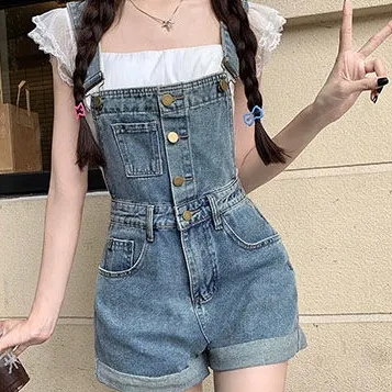 Celana Pendek Dungaree Wanita Gaya Vintage