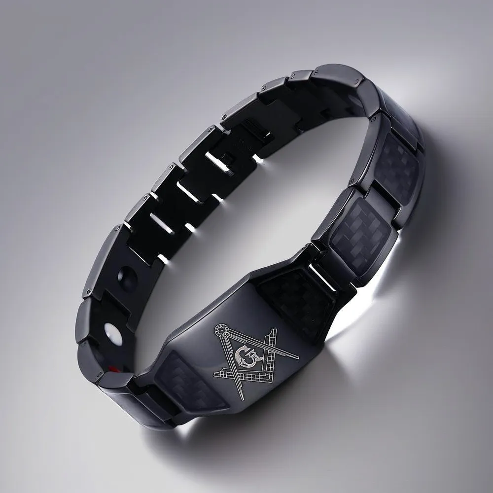 Gelang Serat Karbon Stainless Steel Pria Gelang Freemason Perhiasan Fashion Hitam Hadiah Pria