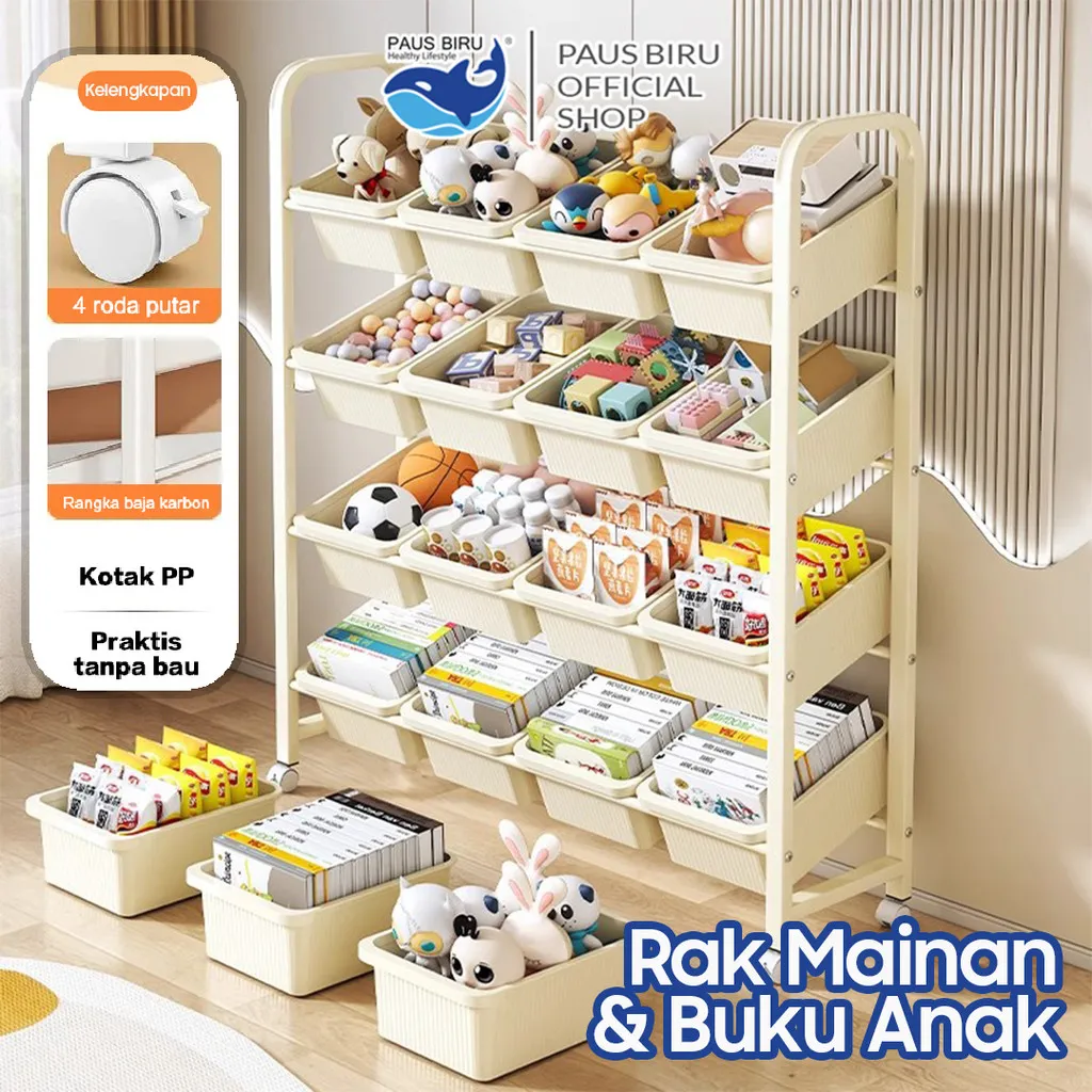 Paus Biru -  Rak Mainan Anak Roda Rak Susun Plastik Kabinet Buku Tempat Penyimpanan Serbaguna