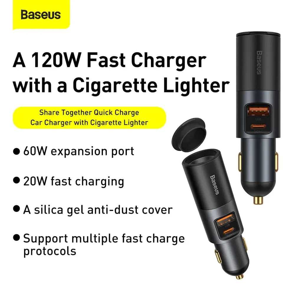 Baseus Original Car Charger Share Together 120W with Lighter Pemantik USB Type C Output Casan Mobil Super Fast Charging Quick Charge Saver Ori
