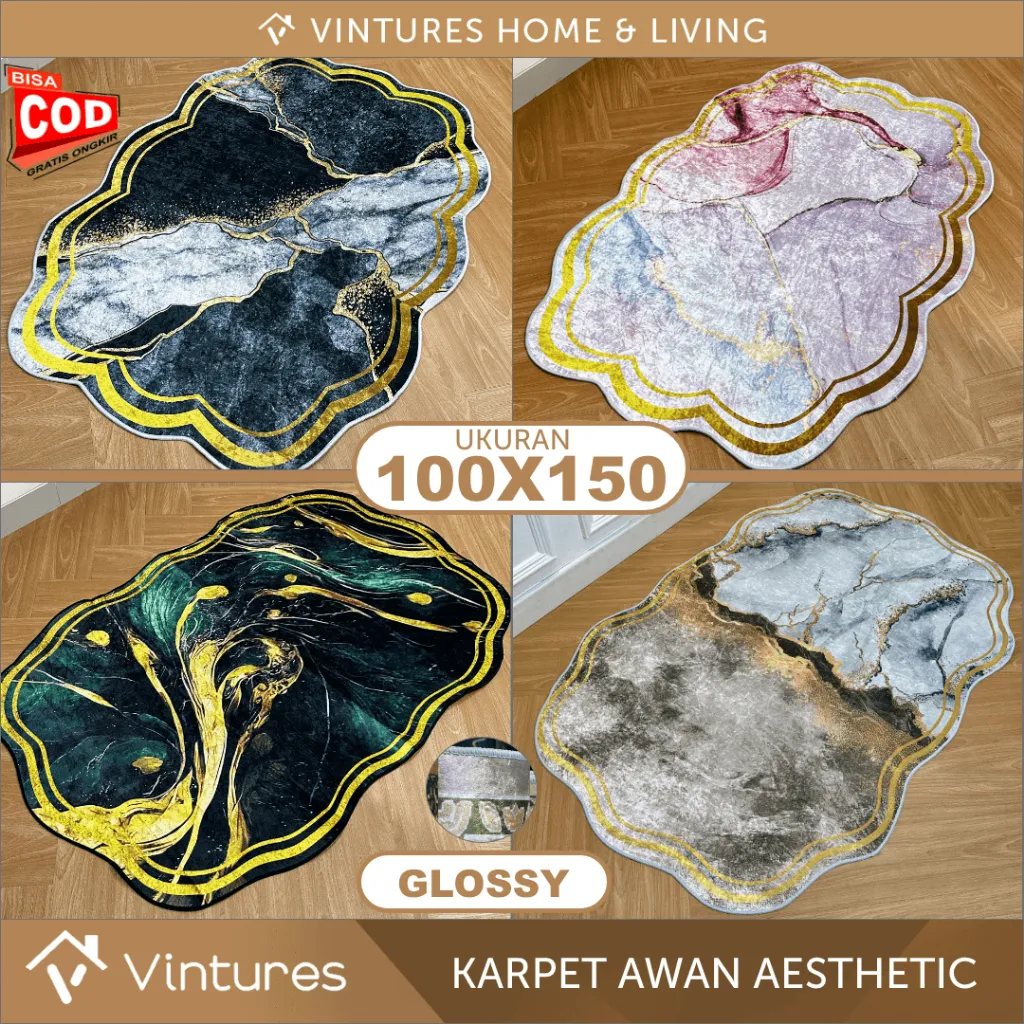 [150 x 100 CM] Karpet Lantai Aesthetic / Karpet Poliester Silk / Karpet Awan / Karpet Marble / Karpet Vintures  - Premium