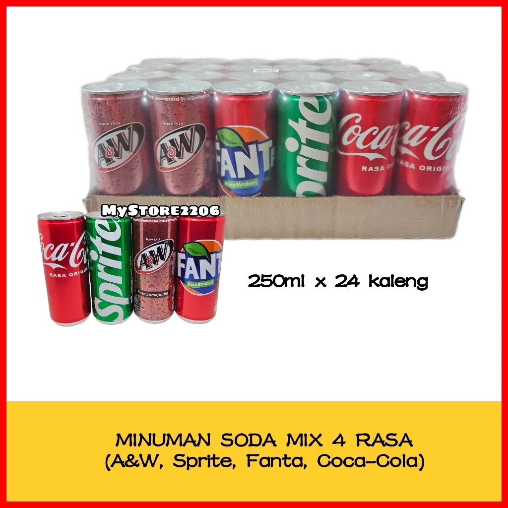 Minuman Kaleng Soda / Soft Drink Mix 4 Rasa (A&W AW, Sprite, Fanta, Coca Cola) 250ml x 24 kaleng