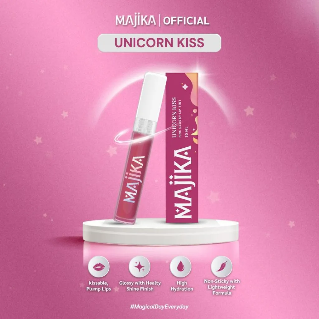 MAJIKA Unicorn Kiss Pink Glossy Lip Tint | 3 ML | Tekstur Ringan I Glossy I Plumpy I Juicy [EXCLUSIVE]