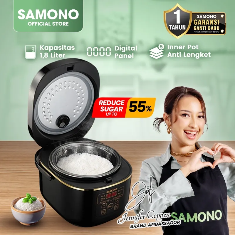 SAMONO Rice Cooker Digital Low Sugar 1.8L Penanak Nasi Rendah Karbo Low Carbo Sehat 7 in 1 Multi Fungsi Anti Lengket Digital Display Smart Rice Cooker Garansi Resmi 1 Tahun Ganti Baru Kapasitas Besar 700 Watt RCEB18