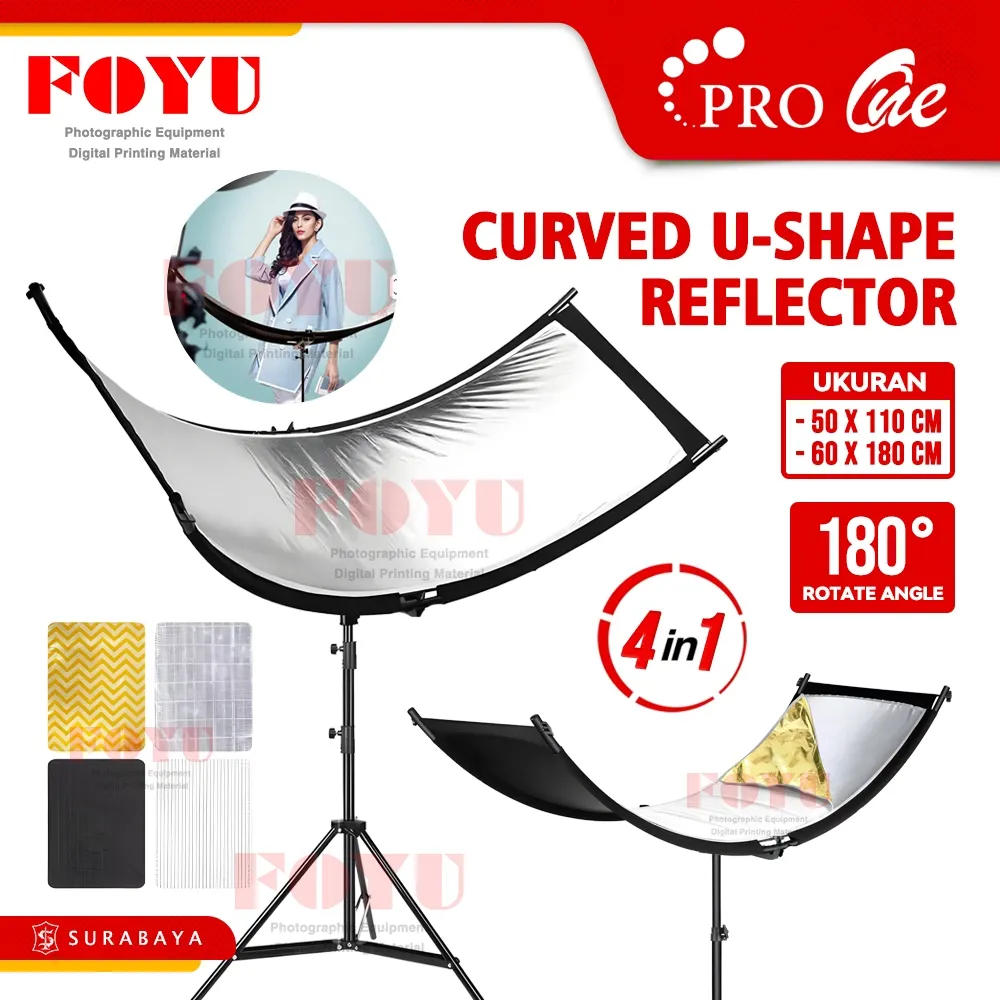 Pro One Curved Reflector U Shape Papan Reflektor Melengkung Cahaya Studio Foto Pemantul 4in1 4 Warna 50x110 60x180 Cm