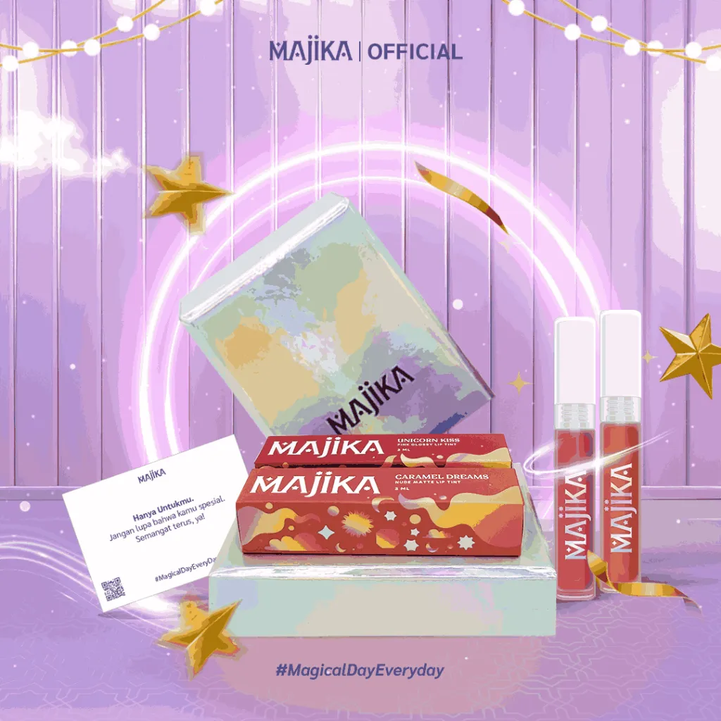 MAJIKA Cosmic Kiss Gift Box |KADO ULANG TAHUN|HANYA UNTUKMU|SELAMAT | [2 Lip Tint Mix + Box + Gift Card] | 3 ML | Tekstur Ringan | Tahan Lama
