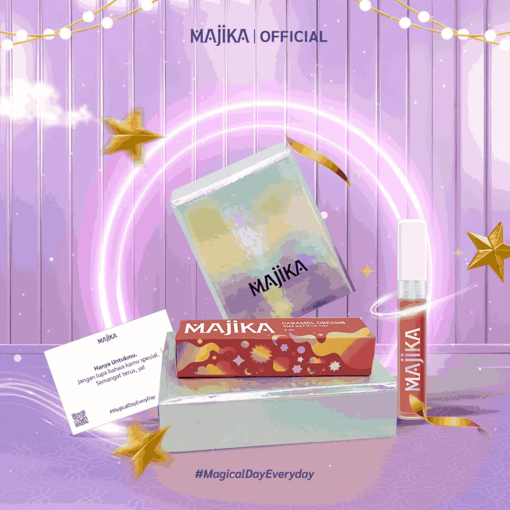 MAJIKA Cosmic Kiss Gift Box |KADO ULANG TAHUN|HANYA UNTUKMU|SELAMAT | [1 Lip Tint Caramel Dreams + Box + Gift Card] | 3 ML | Tekstur Ringan | Tahan Lama