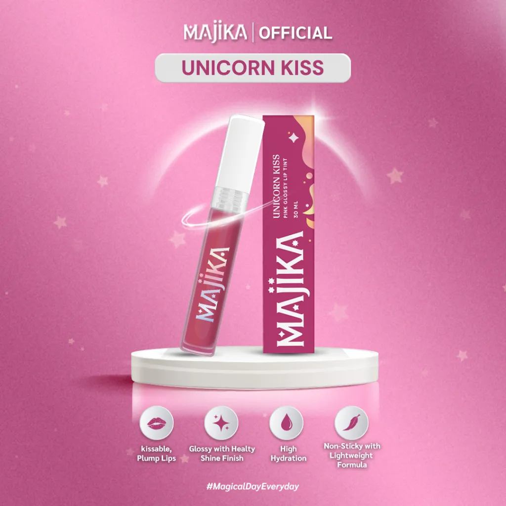 MAJIKA Unicorn Kiss Pink Glossy Lip Tint | 3 ML | Tekstur Ringan I Glossy I Plumpy I Juicy [Flashsale]
