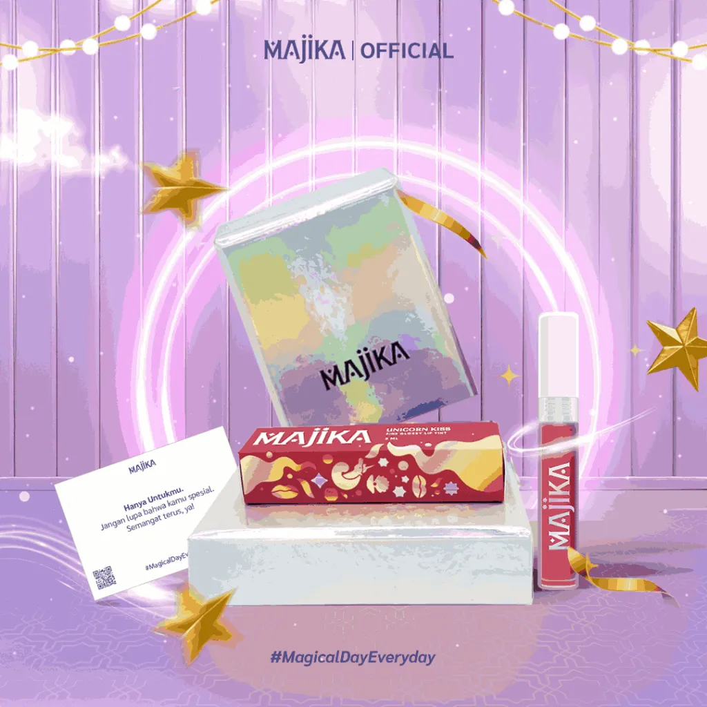 MAJIKA Cosmic Kiss Gift Box |KADO ULANG TAHUN|HANYA UNTUKMU|SELAMAT | [1 Lip Tint Unicorn Kiss + Box + Gift Card] | 3 ML | Tekstur Ringan | Tahan Lama