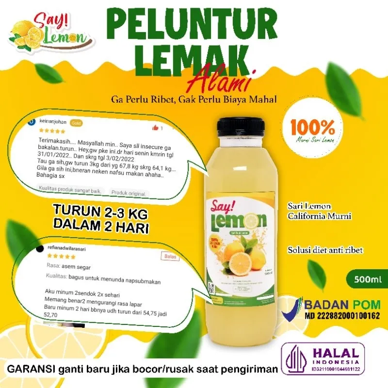 Say Lemon 500ml BPOM & Halal Sari Lemon Jus Lemon Asli Original 100% Murni Fresh Segar Menyehatkan Untuk Daya Tahan Tubuh dan Diet Detox Detoks Melangkasingkan