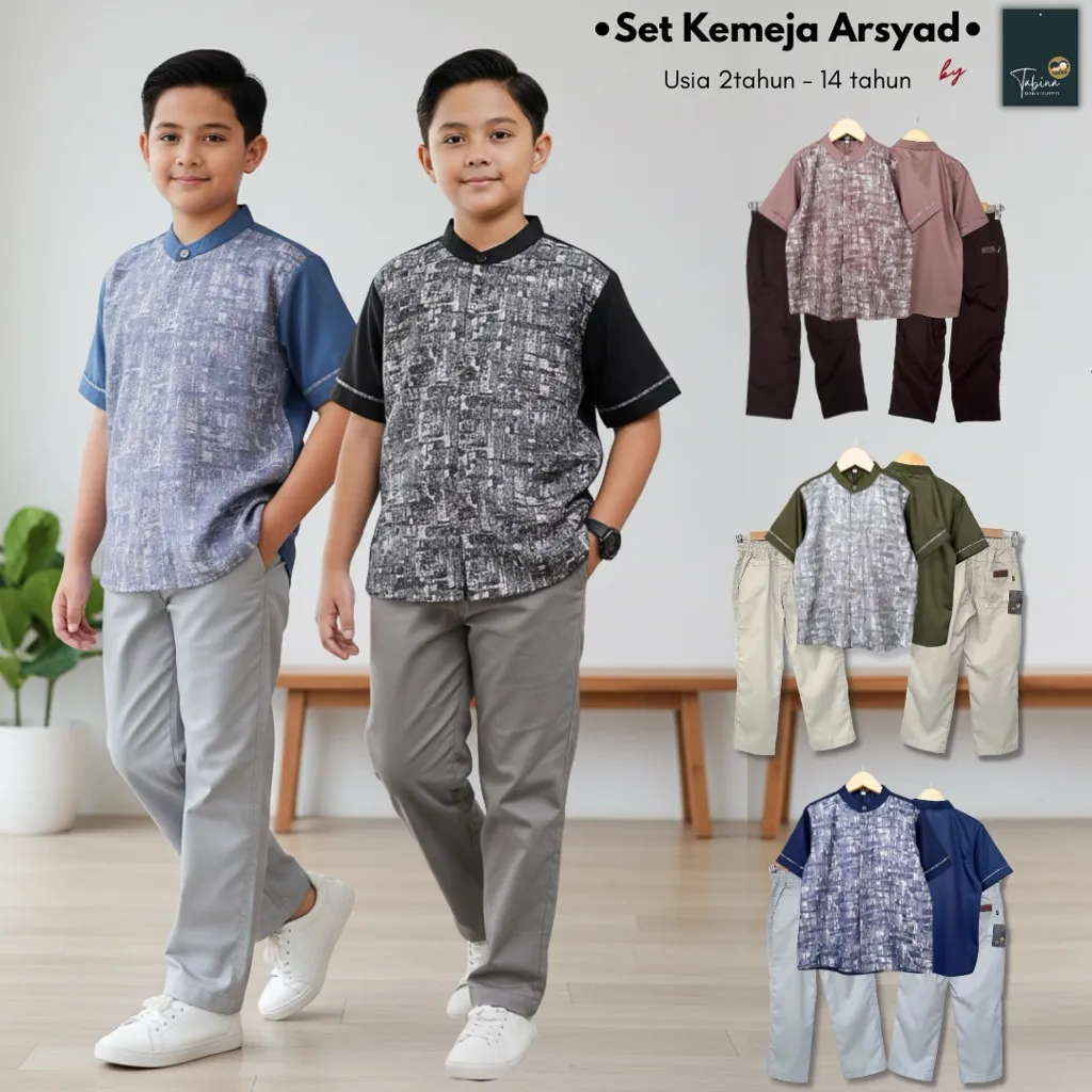 Setelan Kemeja Koko Lengan Pendek Anak Laki Laki Tabina Seri Arsyad Drill usia 2 hingga 14 tahun