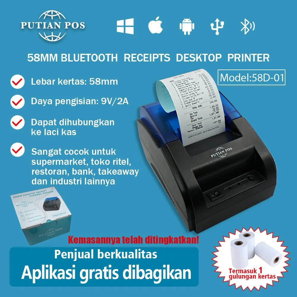 58MM Printer Bluetooth thermal kasir ECO 23 roll kertas pos kasir ppob printer termal USB + BT + RJ11