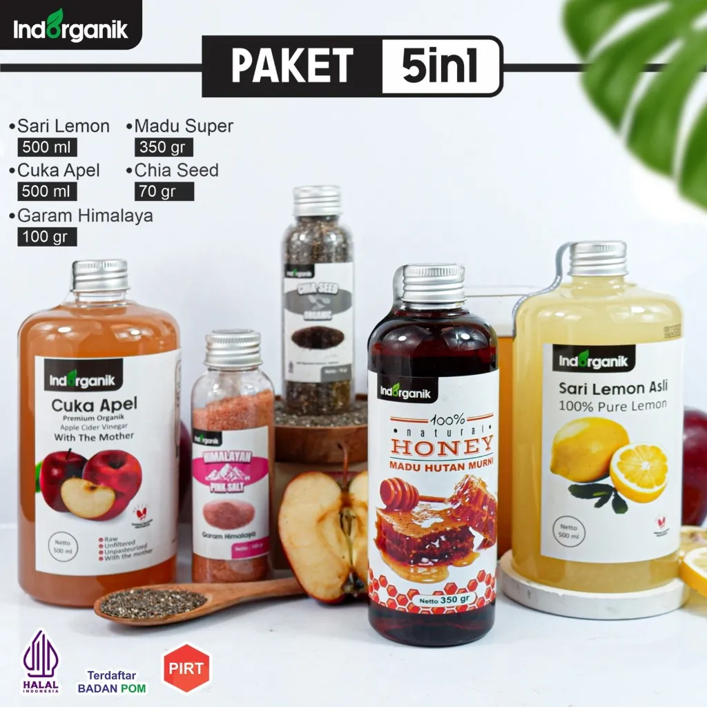INDORGANIK - PAKET 5IN1 JUMBO - CUKA APEL 500 ML, SARI LEMON 500 ML, CHIA SEED 70 GR, MADU HUTAN 350 GR, GARAM HIMALAYA 100 GR