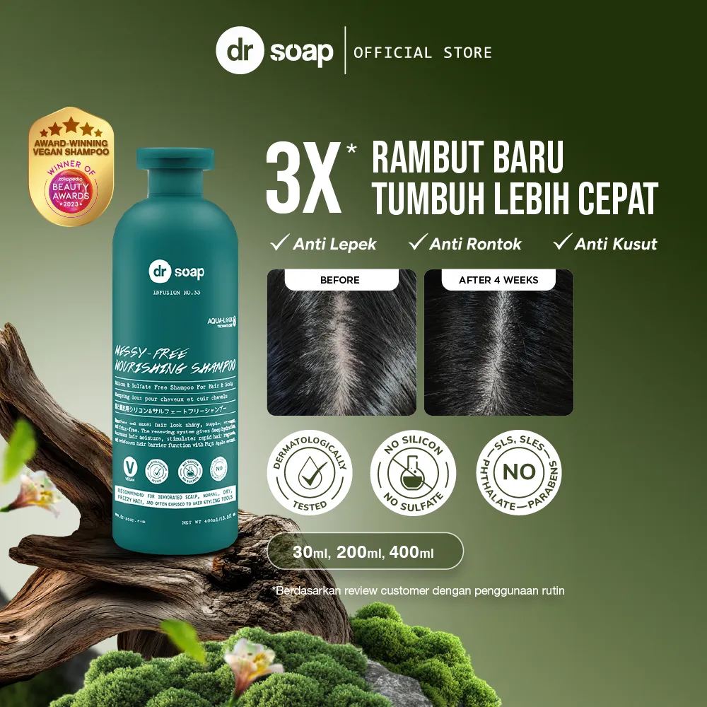 dr soap Messy-free Nourishing Shampoo Infusion | Sampo Rambut Virgin Anti Rontok, Anti Ketombe, Anti Lepek - Tanpa Sulfate & Tanpa Silicone