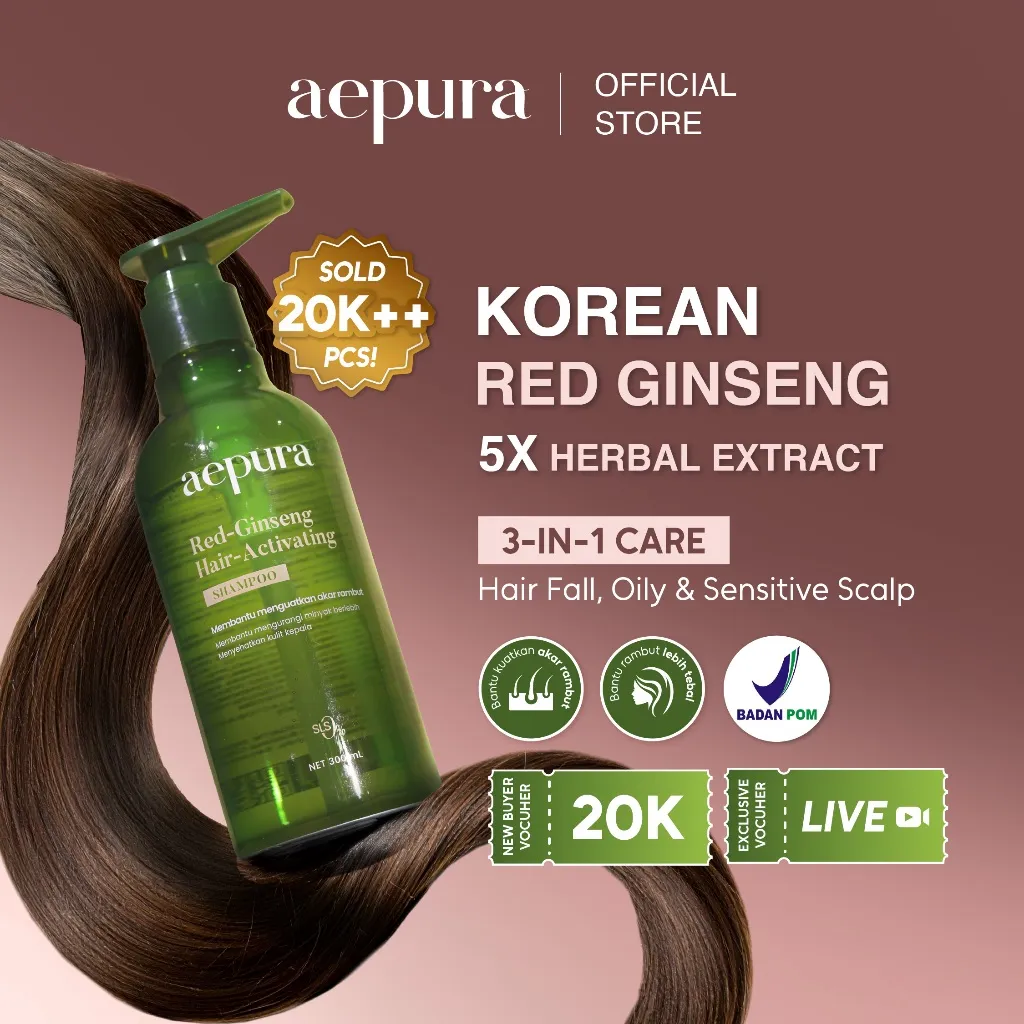 aepura Red-Ginseng Hair Activating Shampoo 300ml | BPOM Memperkuat Akar Rambut Mempercepat Pertumbuhan Menutrisi Rambut Perawatan Ginseng Korea Sampo Herbal Natural Anti Rontok No SLS