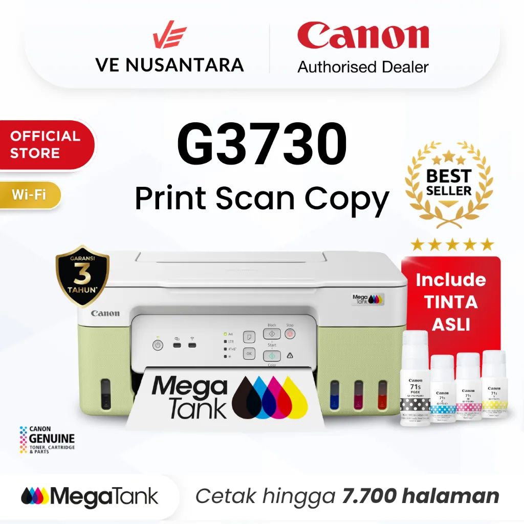 Printer Wifi Canon G3730 Hijau Green - Ink Tank Wireless All In One Print Scan Copy MacOS - Garansi 3 Tahun - Pengganti L3250 L3251
